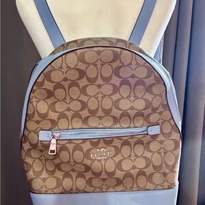 Coach Brown Signature Canvas Mini Backpack with Light Blue Trim